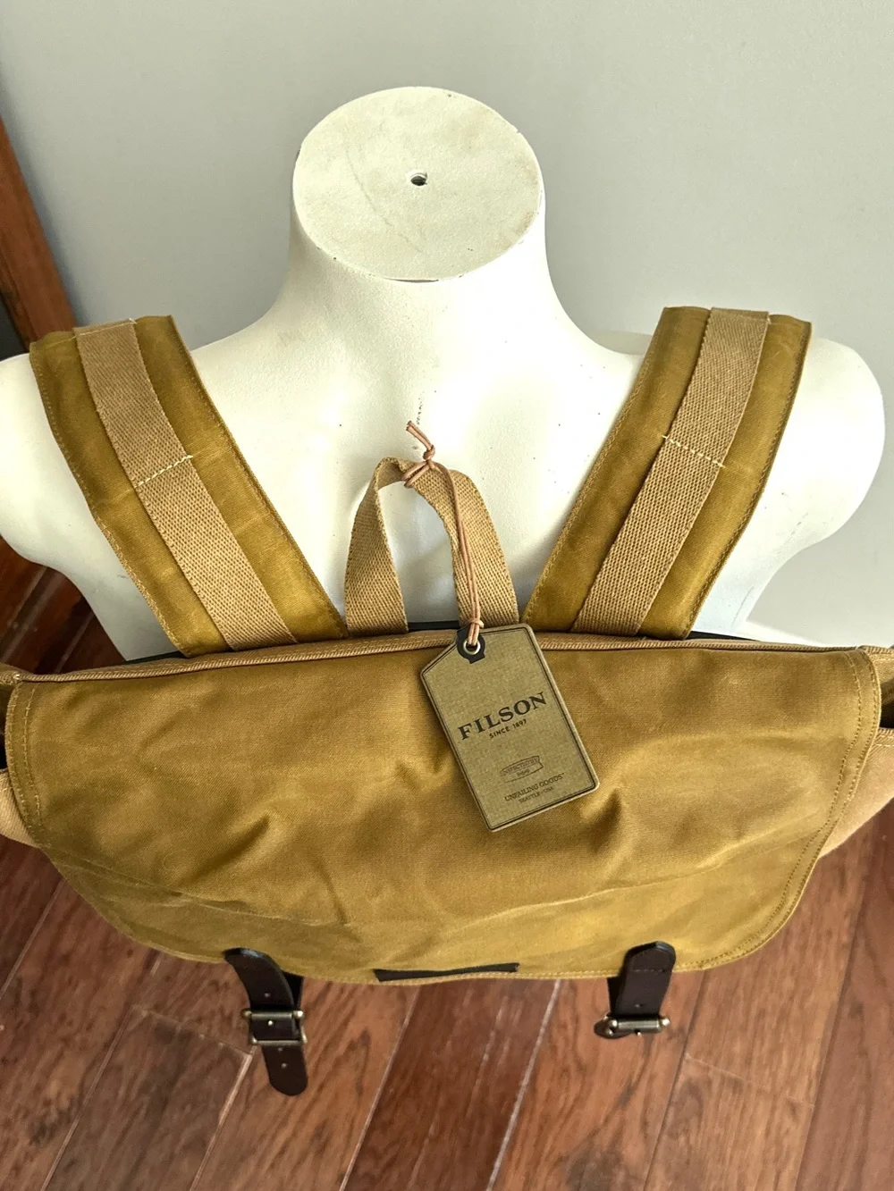 Filson Tan Canvas Backpack with Dark Brown Leather Straps
